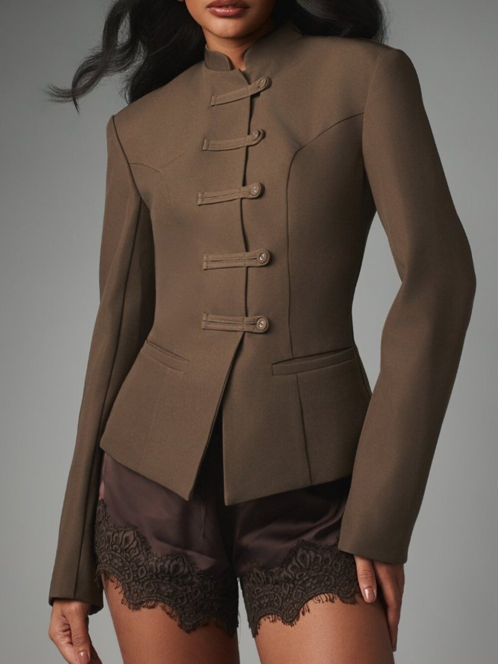 Brown Elegant Women's Button Detail Blazer With Structured Fit And Welt Pockets
